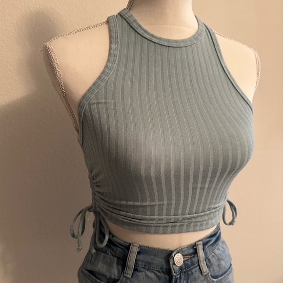 Blue High Neck Ribbed Draw String Ruched Sides Size Small - Picture 4 of 5